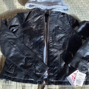 Brand new Vegan Leather jacket with hood. Faux fur lining and hood removable.